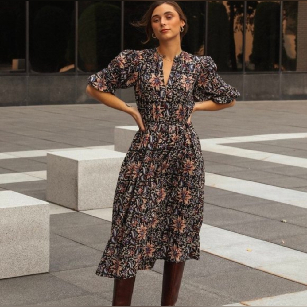 MILLE  Celeste Dress in Midnight Garden Floral Puff Sleeve Midi Boho Cottagecore